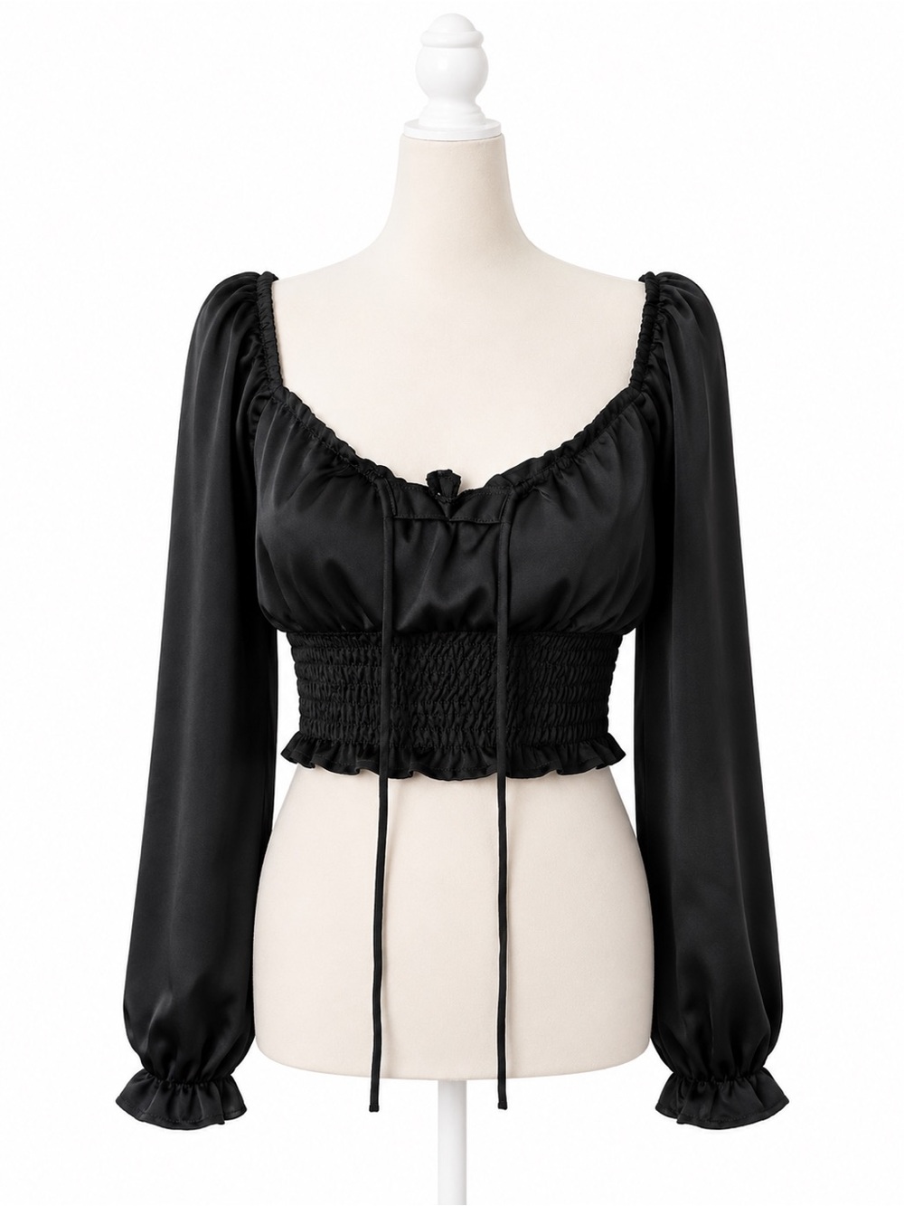 Le Lis Black Satin Smocked Crop Top S Puff Sleeve Tie Front Romantic